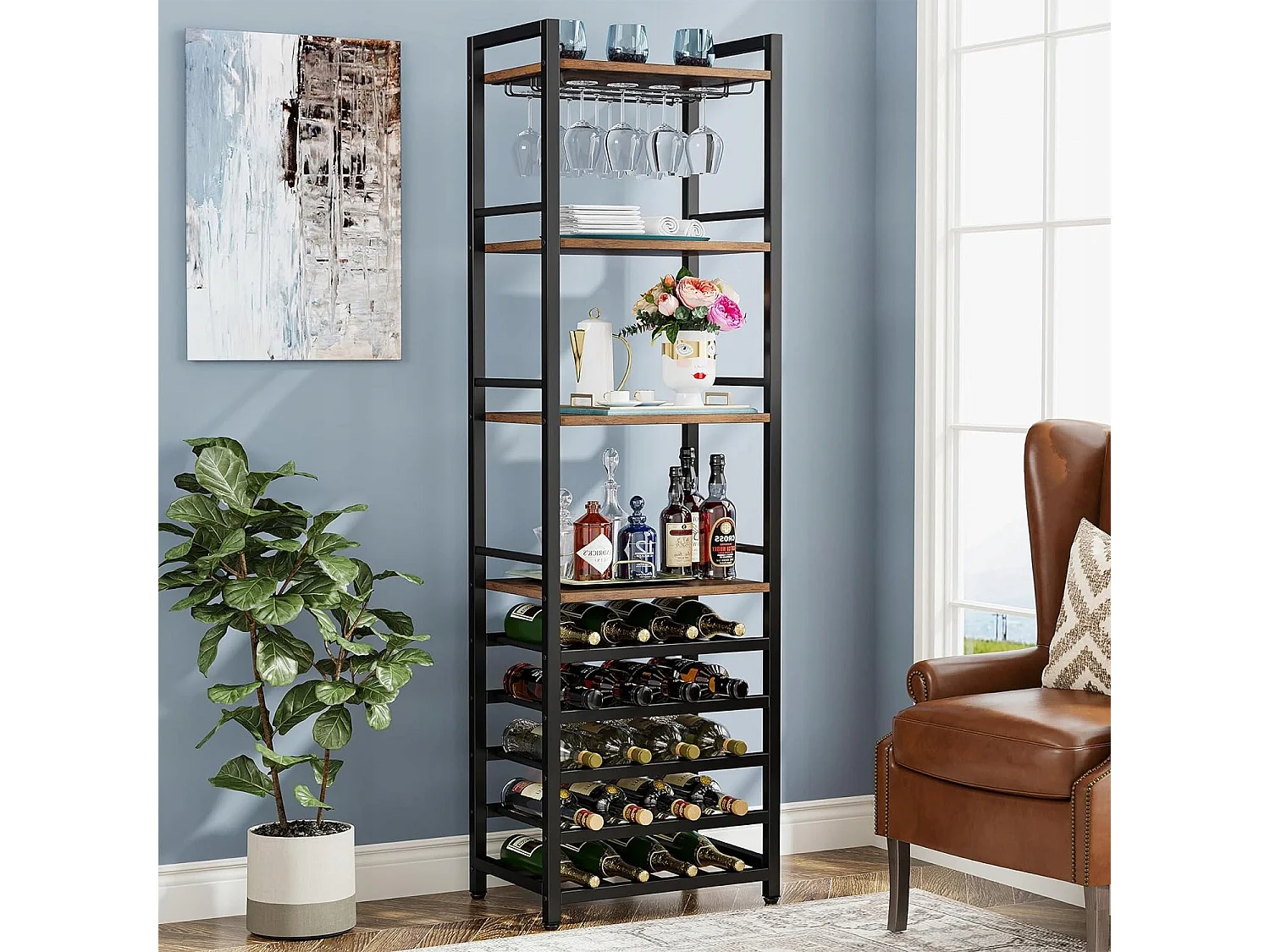 Casier à Vin, Étagère à Bouteilles Autonome à 9 étages avec Support en Verre et étagères de Rangement, Casier à vin Bouteilles, Marron Rustique