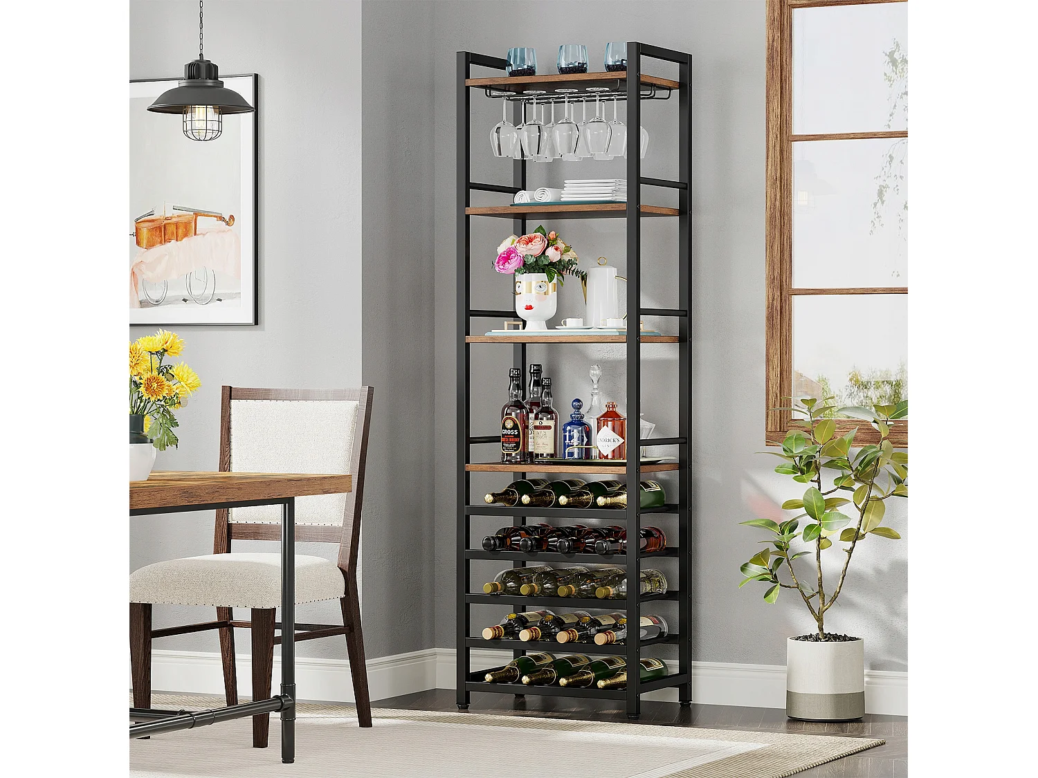 Casier à Vin, Étagère à Bouteilles Autonome à 9 étages avec Support en Verre et étagères de Rangement, Casier à vin Bouteilles, Marron Rustique