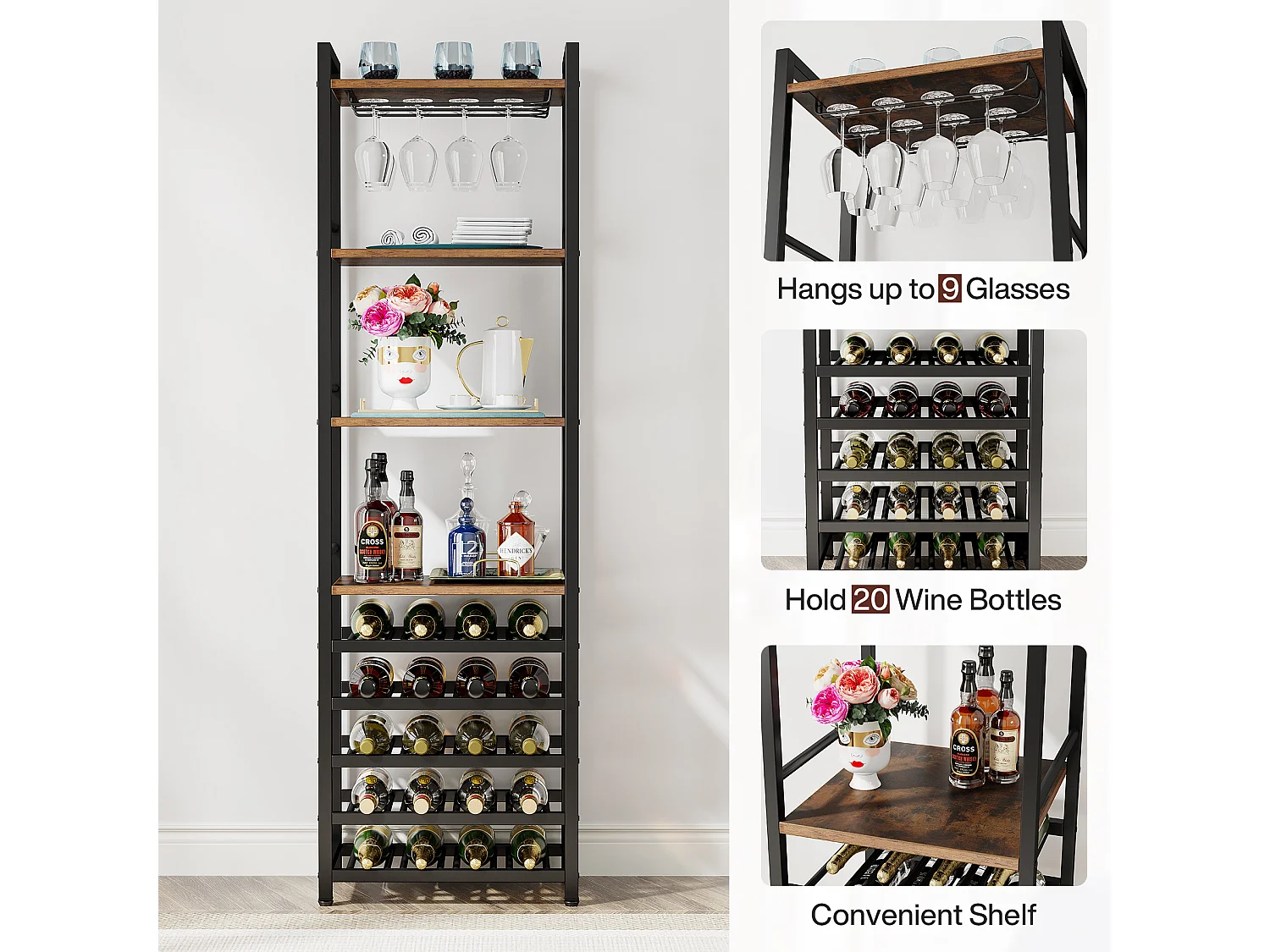 Casier à Vin, Étagère à Bouteilles Autonome à 9 étages avec Support en Verre et étagères de Rangement, Casier à vin Bouteilles, Marron Rustique