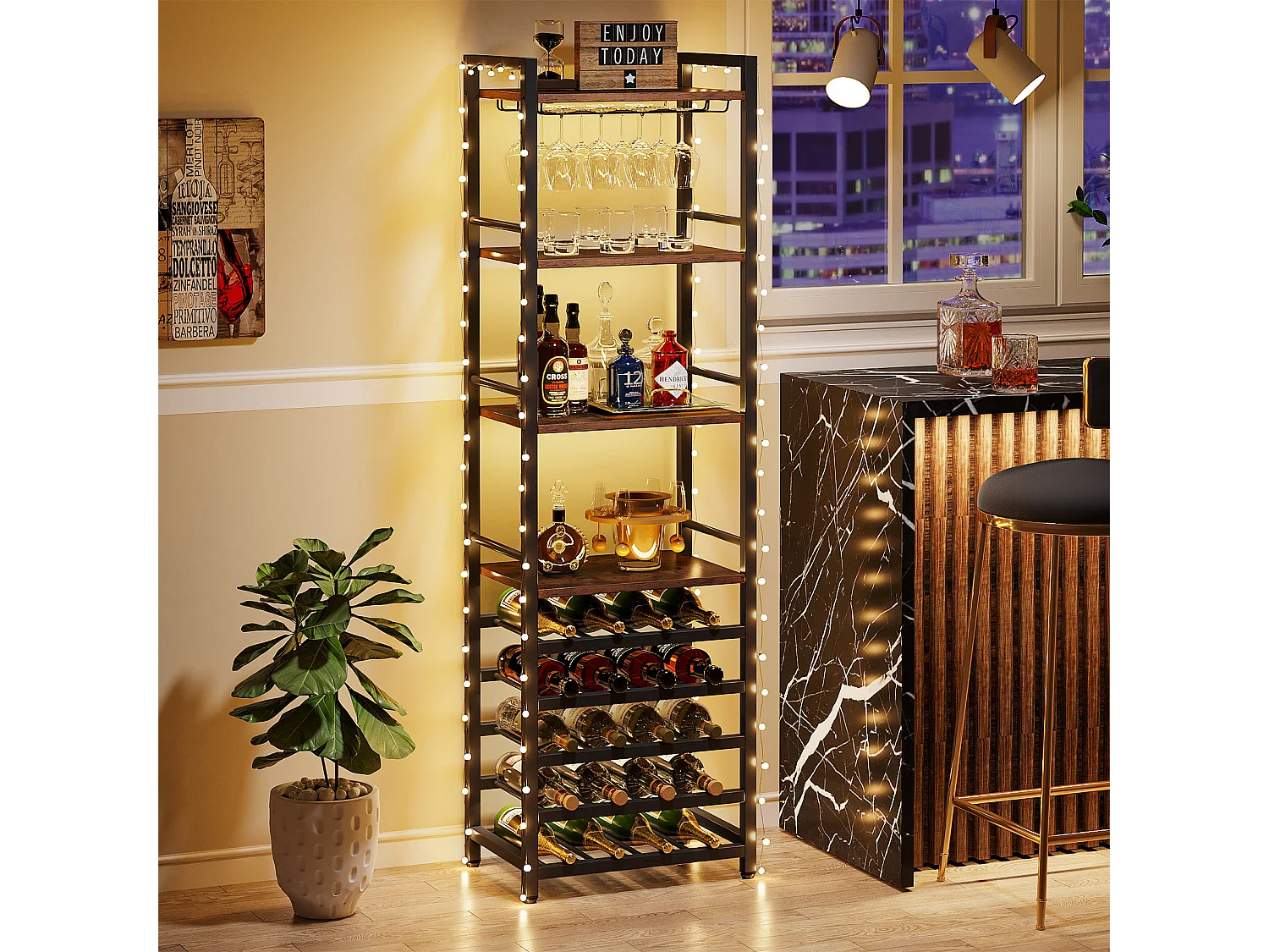Casier à Vin, Étagère à Bouteilles Autonome à 9 étages avec Support en Verre et étagères de Rangement, Casier à vin Bouteilles, Marron Rustique
