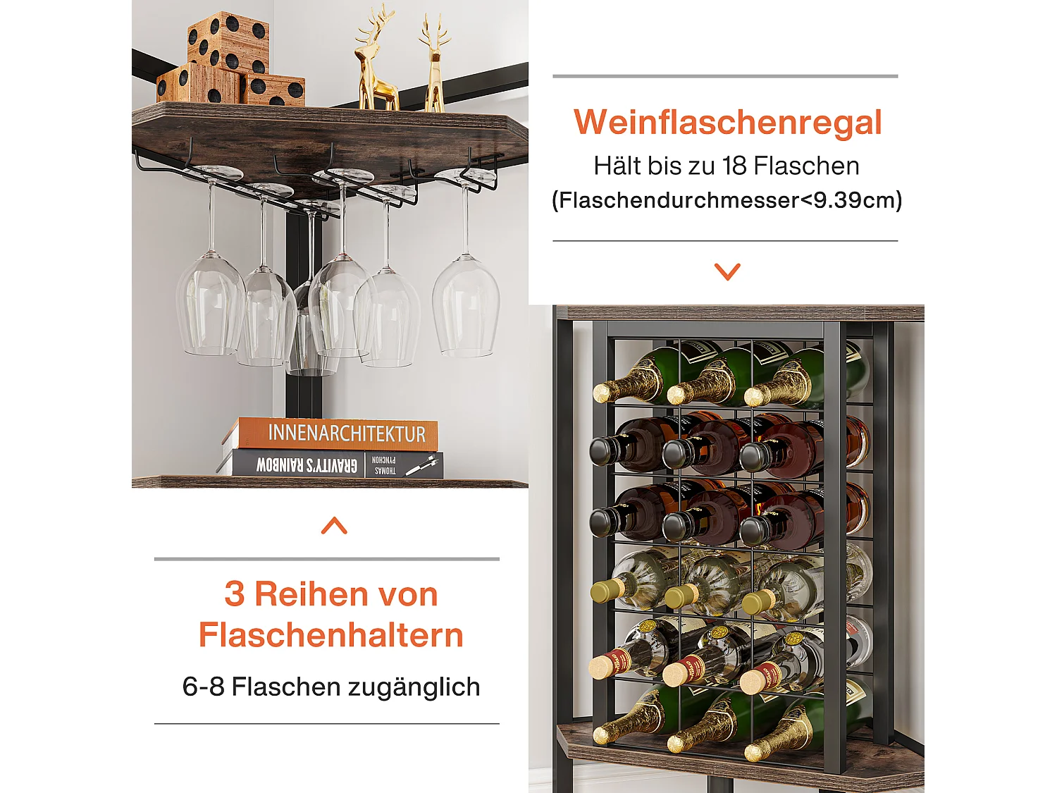 Hoekschap met flessenhouder en opbergplanken, 4-laags hoekbar, vrijstaande hoekschap voor woonkamer, eetkamer, keuken