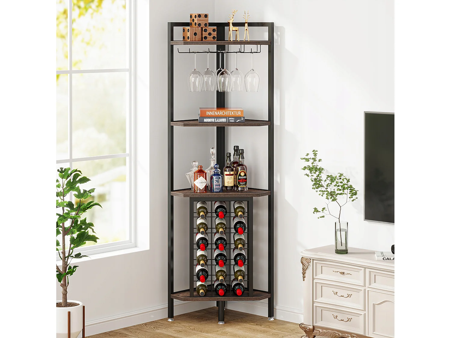 Hoekschap met flessenhouder en opbergplanken, 4-laags hoekbar, vrijstaande hoekschap voor woonkamer, eetkamer, keuken