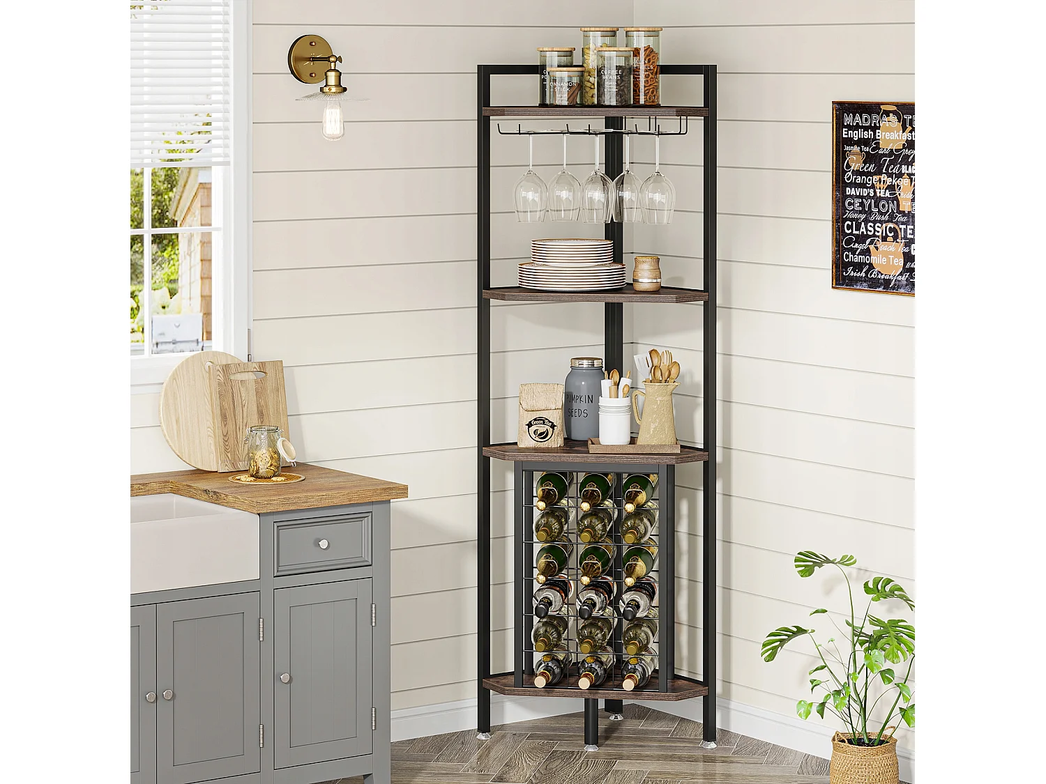 Hoekschap met flessenhouder en opbergplanken, 4-laags hoekbar, vrijstaande hoekschap voor woonkamer, eetkamer, keuken