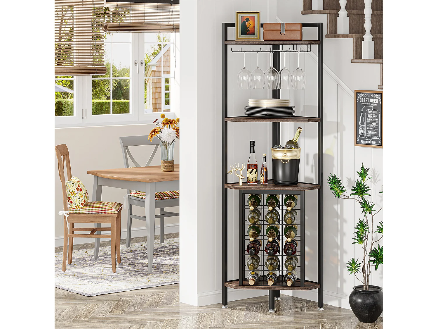 Hoekschap met flessenhouder en opbergplanken, 4-laags hoekbar, vrijstaande hoekschap voor woonkamer, eetkamer, keuken