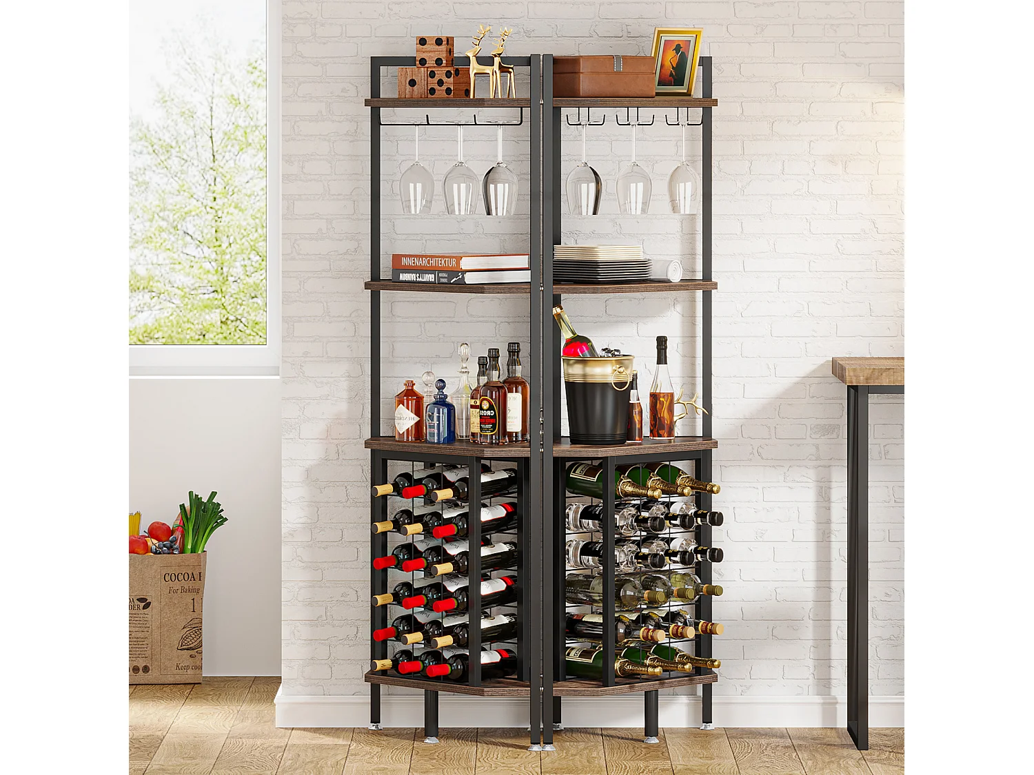 Hoekschap met flessenhouder en opbergplanken, 4-laags hoekbar, vrijstaande hoekschap voor woonkamer, eetkamer, keuken