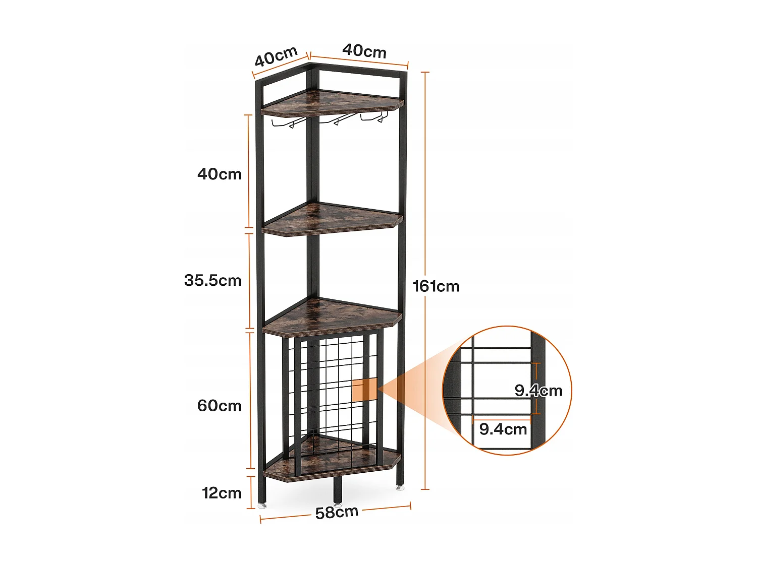 Hoekschap met flessenhouder en opbergplanken, 4-laags hoekbar, vrijstaande hoekschap voor woonkamer, eetkamer, keuken