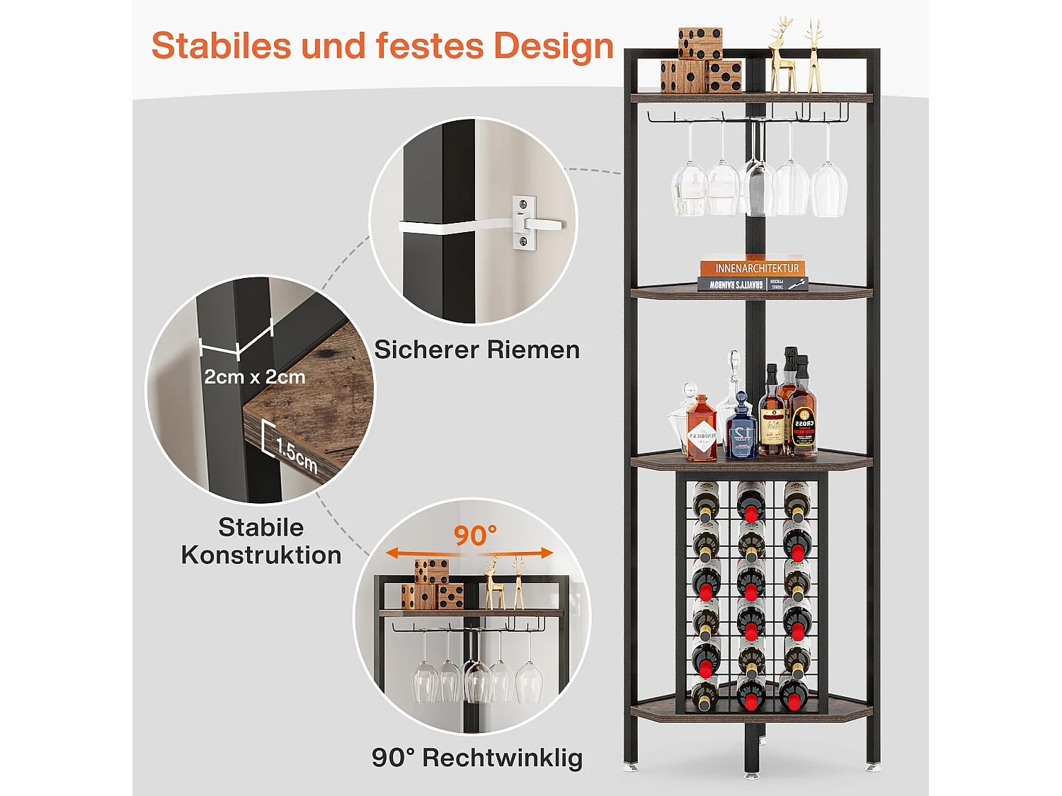 Hoekschap met flessenhouder en opbergplanken, 4-laags hoekbar, vrijstaande hoekschap voor woonkamer, eetkamer, keuken