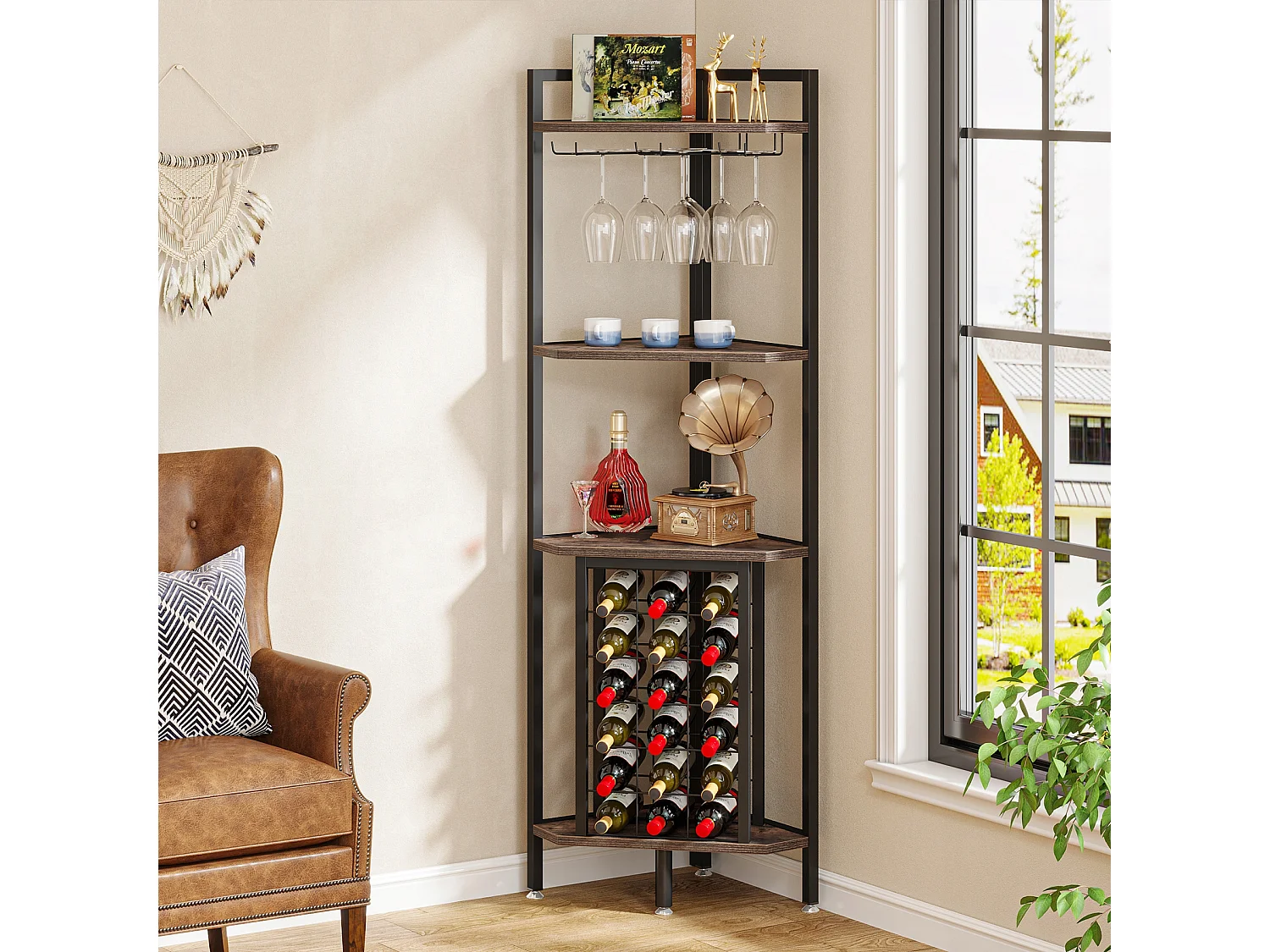 Hoekschap met flessenhouder en opbergplanken, 4-laags hoekbar, vrijstaande hoekschap voor woonkamer, eetkamer, keuken