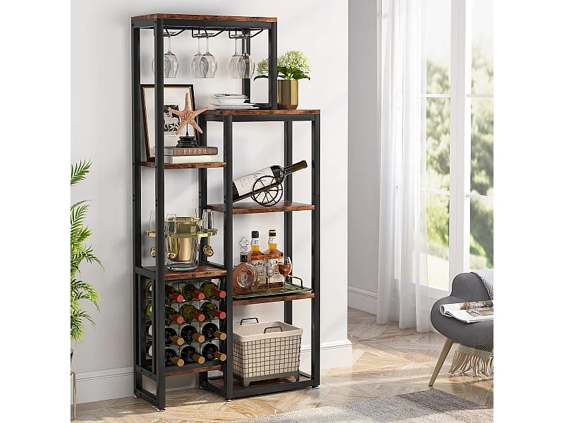 Etagère de vin autônoma com 5 andares, com suporte em vidro e espaço para guardar vinhos, estante industrial para bar, cozinha, sala de jantar (castanho)