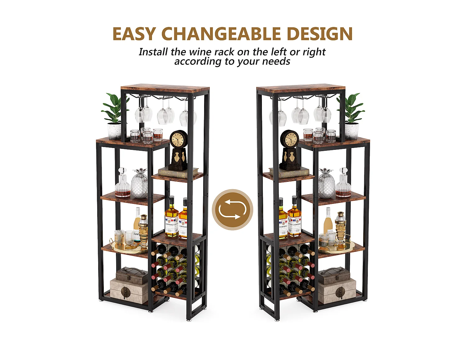 Étagère à vin Autonome à 5 étages avec Support en Verre et Rangement de vin, étagère Industrielle pour Bar, Cuisine, Salle à Manger (Marron)