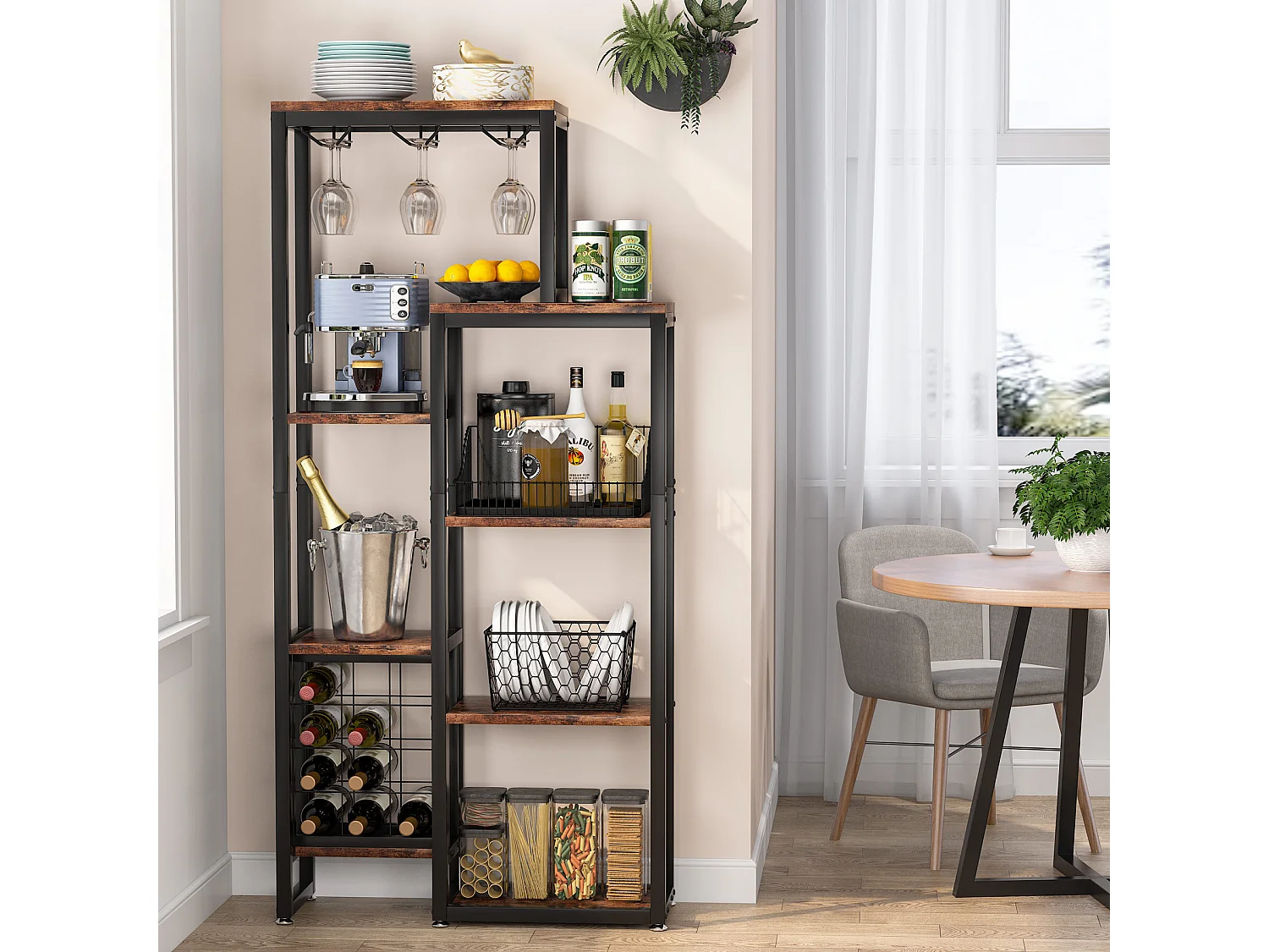 Étagère à vin Autonome à 5 étages avec Support en Verre et Rangement de vin, étagère Industrielle pour Bar, Cuisine, Salle à Manger (Marron)