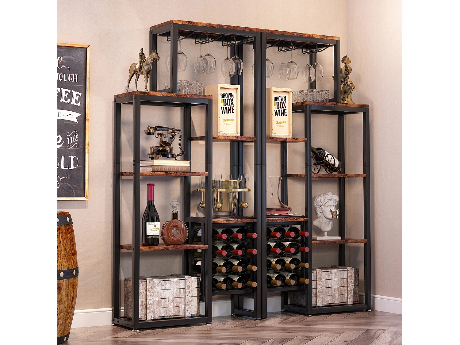 Étagère à vin Autonome à 5 étages avec Support en Verre et Rangement de vin, étagère Industrielle pour Bar, Cuisine, Salle à Manger (Marron)