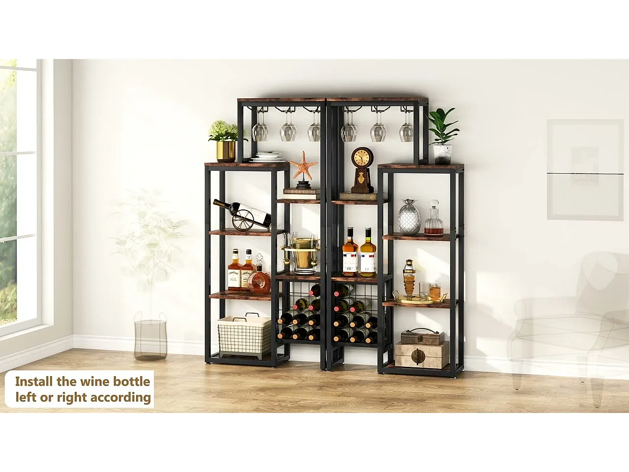 Étagère à vin Autonome à 5 étages avec Support en Verre et Rangement de vin, étagère Industrielle pour Bar, Cuisine, Salle à Manger (Marron)