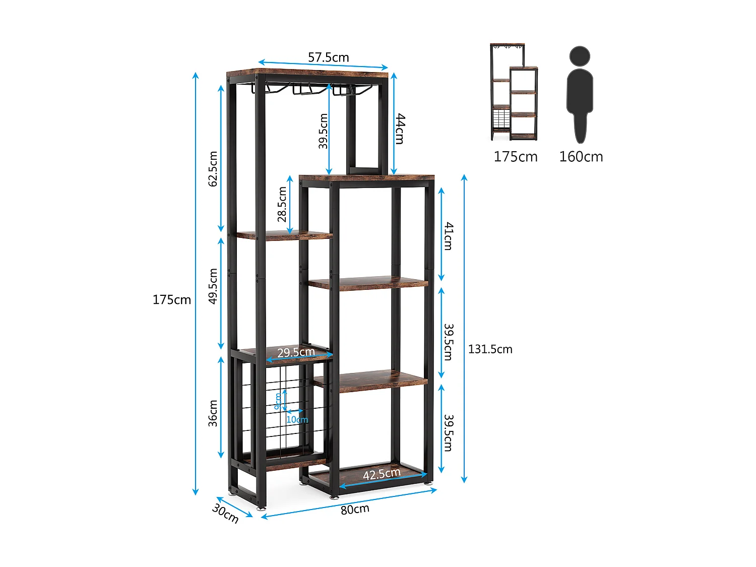 Étagère à vin Autonome à 5 étages avec Support en Verre et Rangement de vin, étagère Industrielle pour Bar, Cuisine, Salle à Manger (Marron)