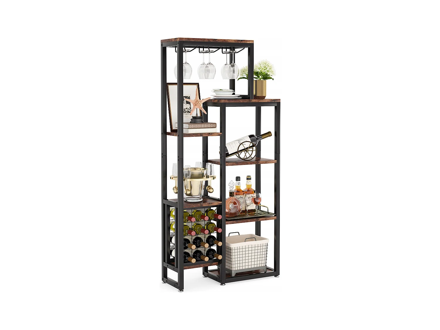 Étagère à vin Autonome à 5 étages avec Support en Verre et Rangement de vin, étagère Industrielle pour Bar, Cuisine, Salle à Manger (Marron)