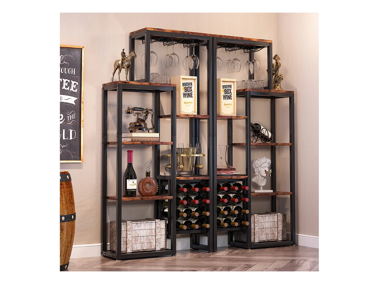 Vrijstaand wijnrek met 5 lagen, glazenhouder en wijnopslag, industriële plank voor bar, keuken, eetkamer (bruin)