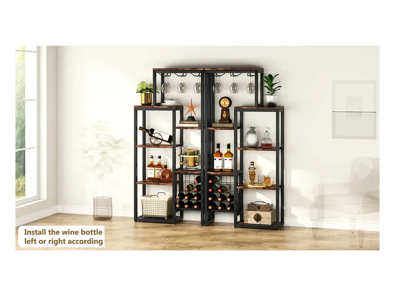 Vrijstaand wijnrek met 5 lagen, glazenhouder en wijnopslag, industriële plank voor bar, keuken, eetkamer (bruin)