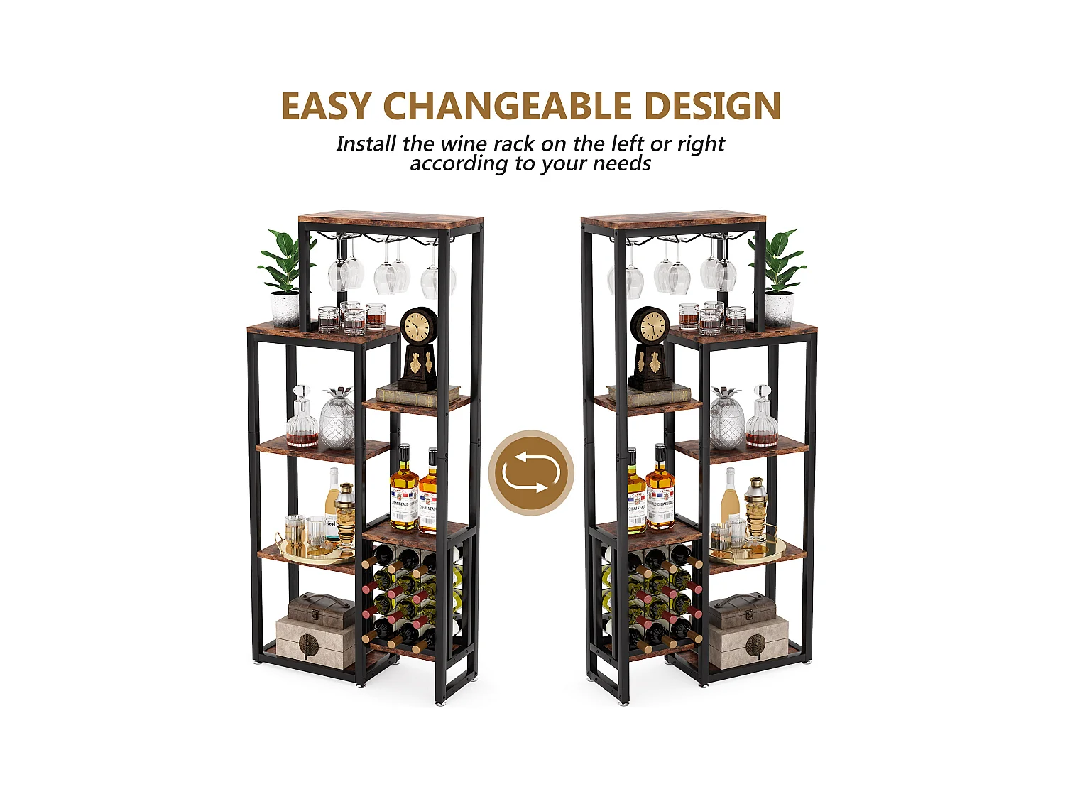 Vrijstaand wijnrek met 5 lagen, glazenhouder en wijnopslag, industriële plank voor bar, keuken, eetkamer (bruin)