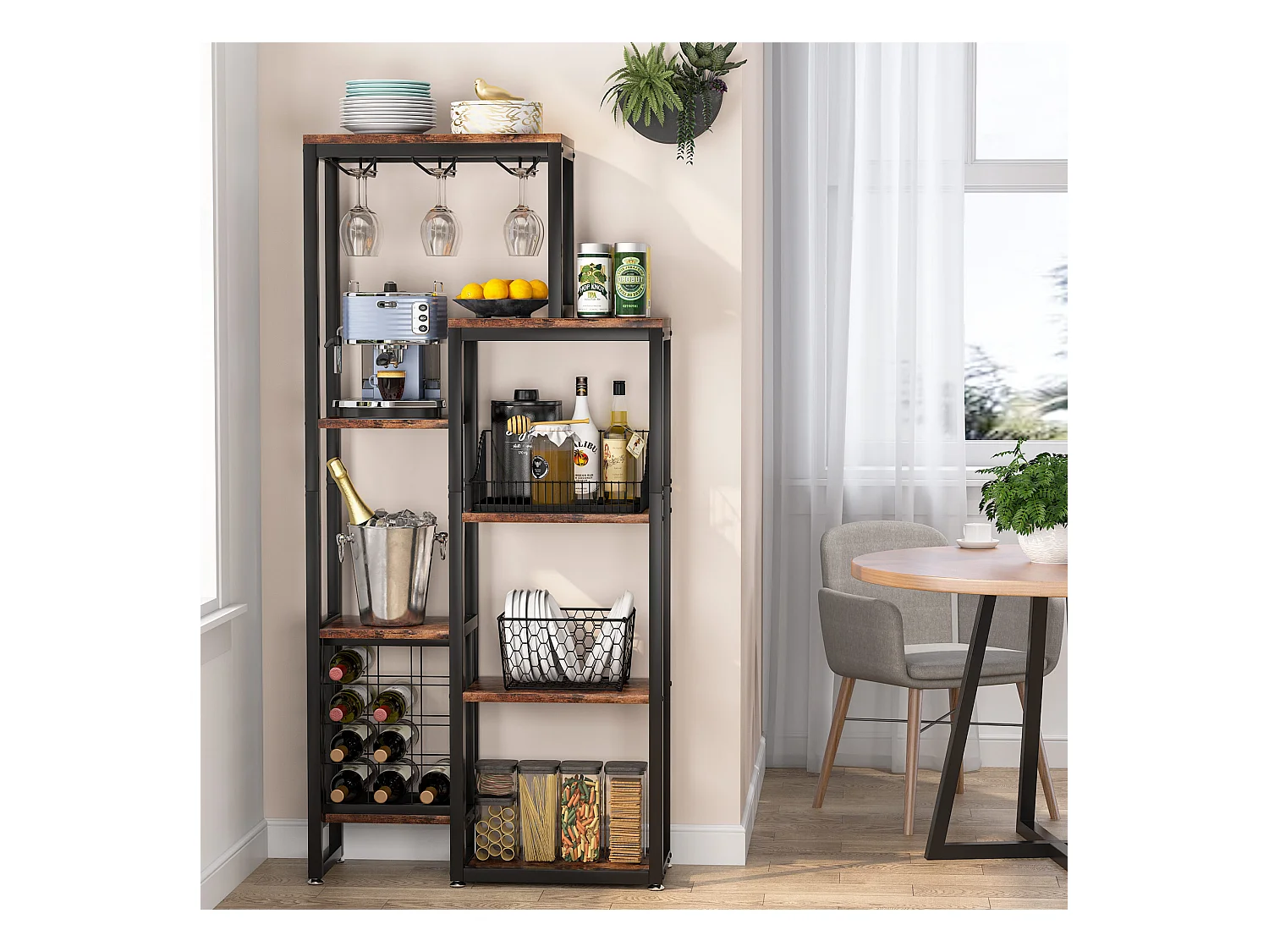 Vrijstaand wijnrek met 5 lagen, glazenhouder en wijnopslag, industriële plank voor bar, keuken, eetkamer (bruin)