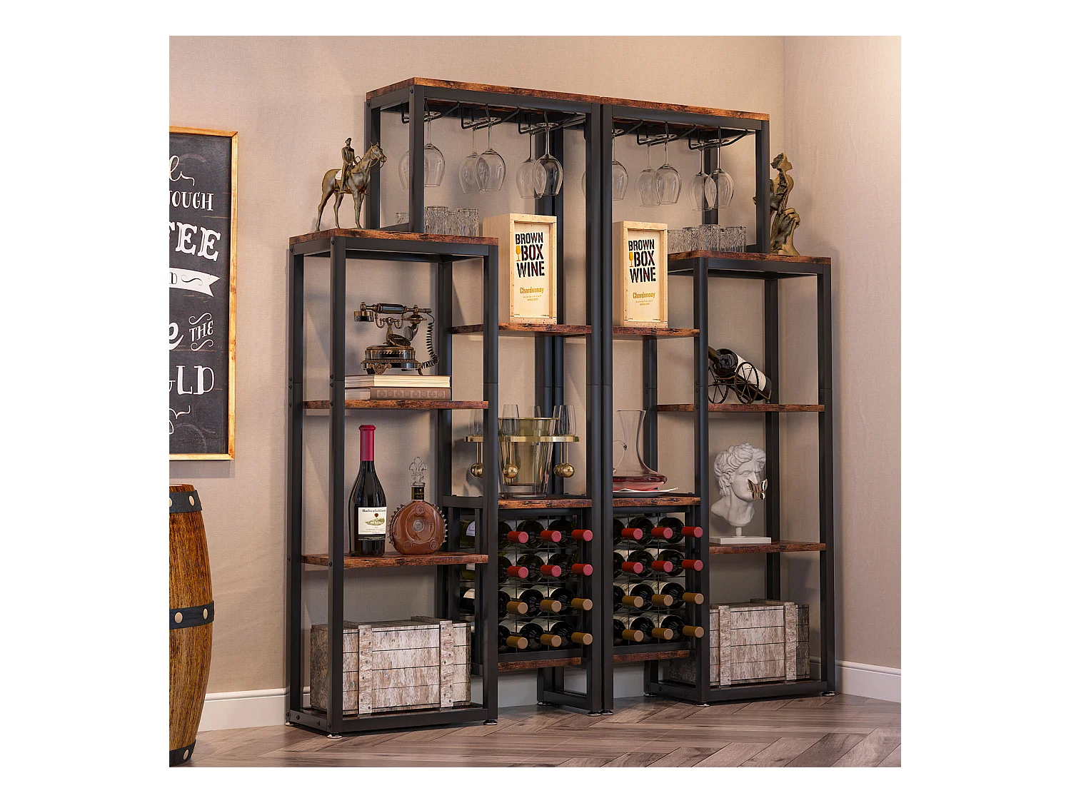 Vrijstaand wijnrek met 5 lagen, glazenhouder en wijnopslag, industriële plank voor bar, keuken, eetkamer (bruin)