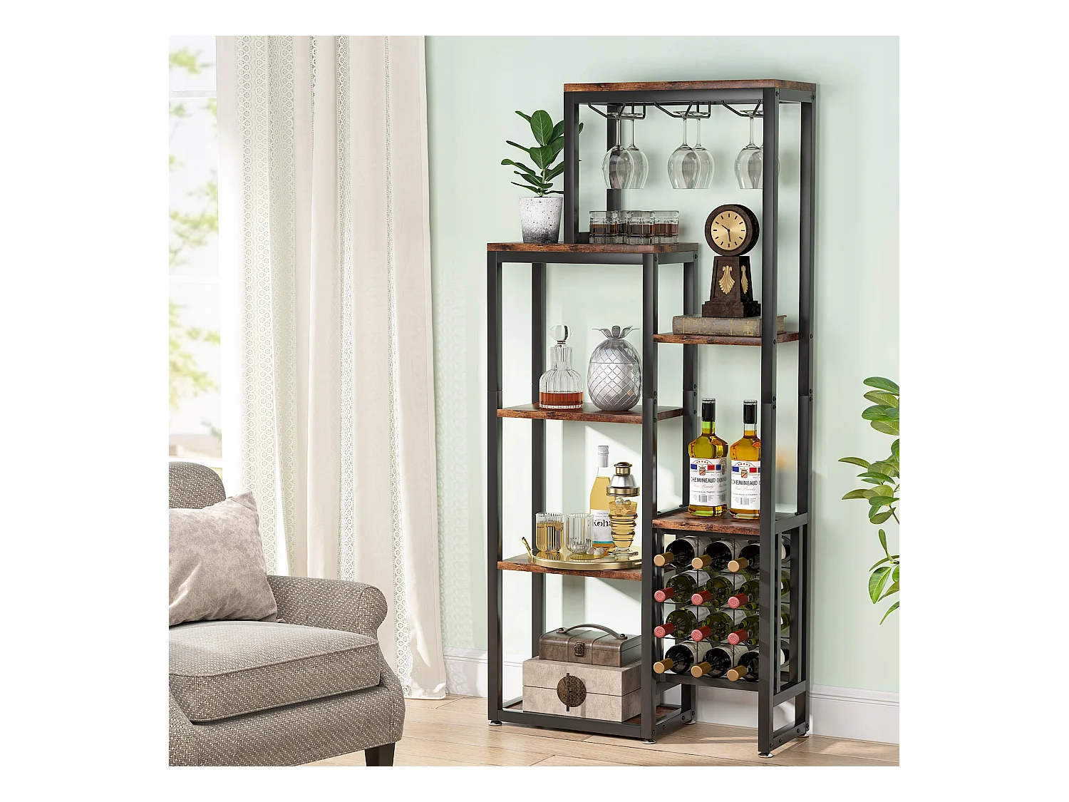 Vrijstaand wijnrek met 5 lagen, glazenhouder en wijnopslag, industriële plank voor bar, keuken, eetkamer (bruin)