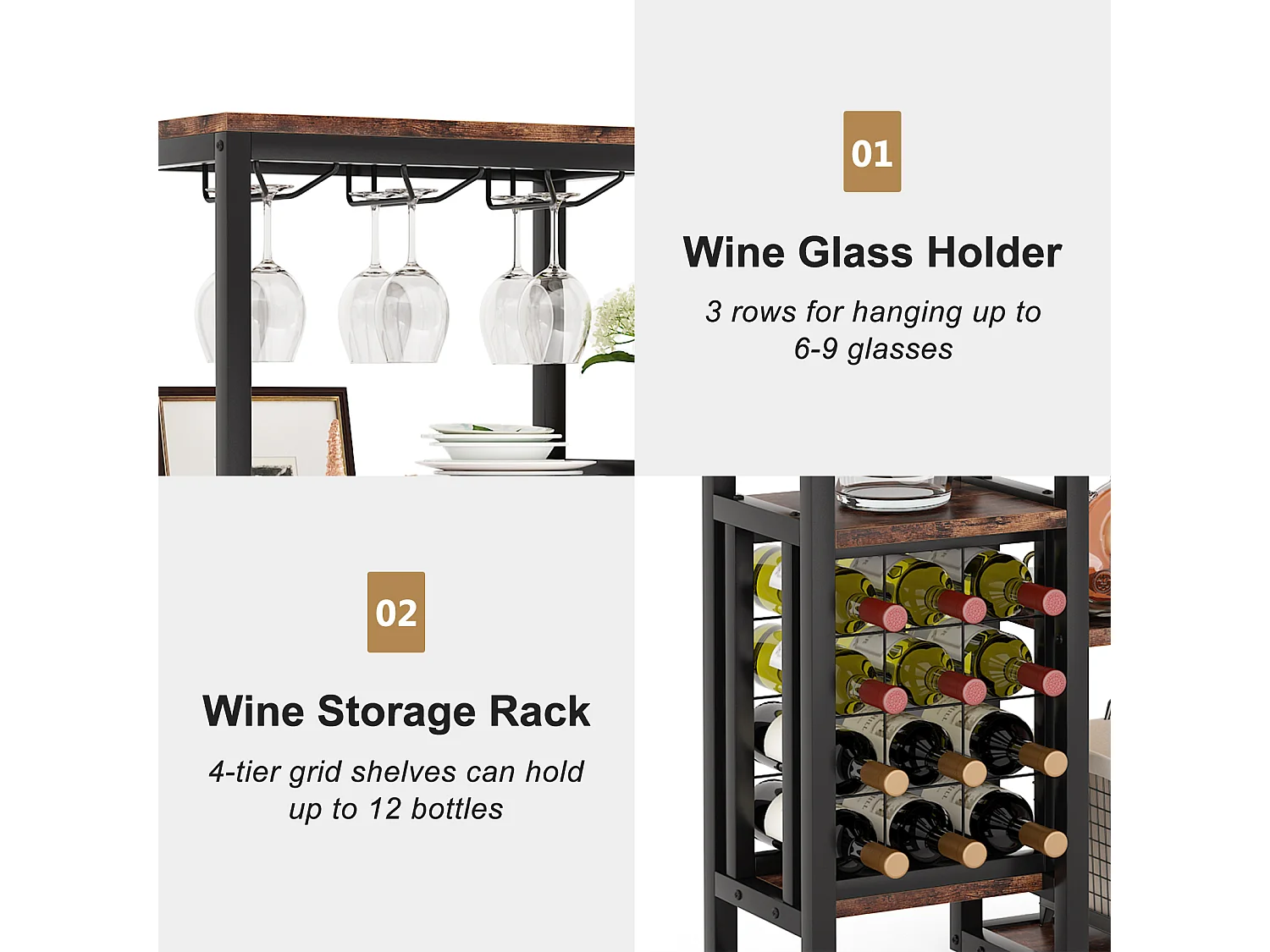 Étagère à vin Autonome à 5 étages avec Support en Verre et Rangement de vin, étagère Industrielle pour Bar, Cuisine, Salle à Manger (Marron)