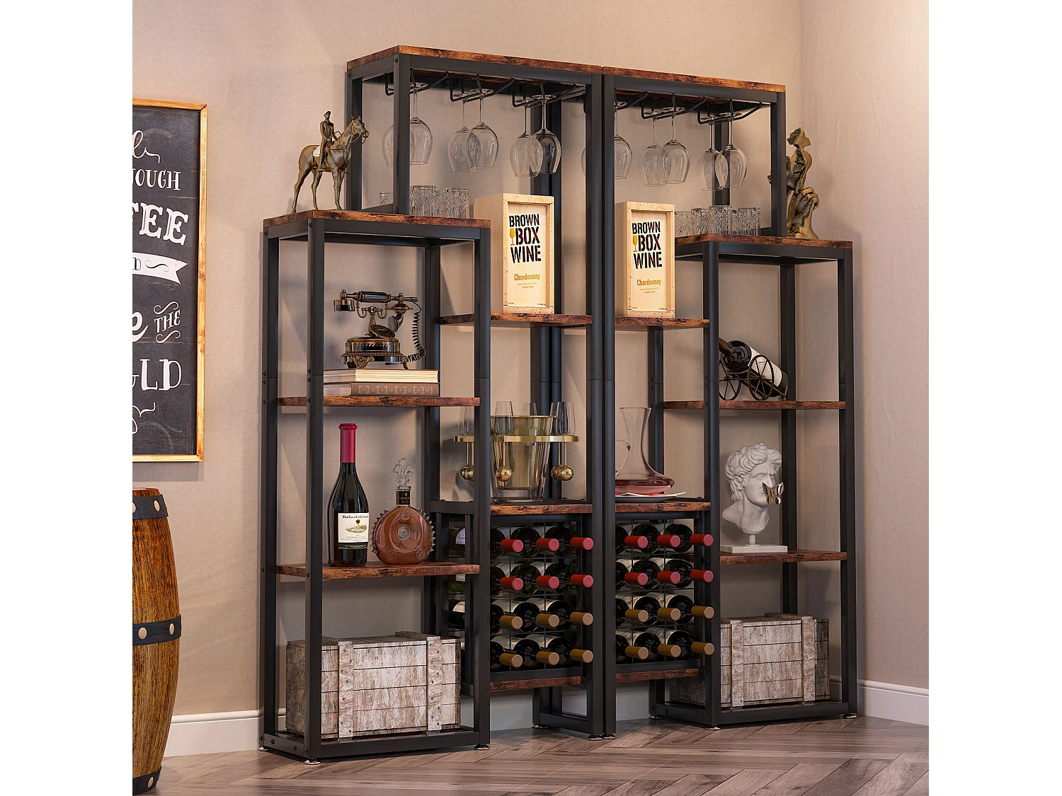 Étagère à vin Autonome à 5 étages avec Support en Verre et Rangement de vin, étagère Industrielle pour Bar, Cuisine, Salle à Manger (Marron)