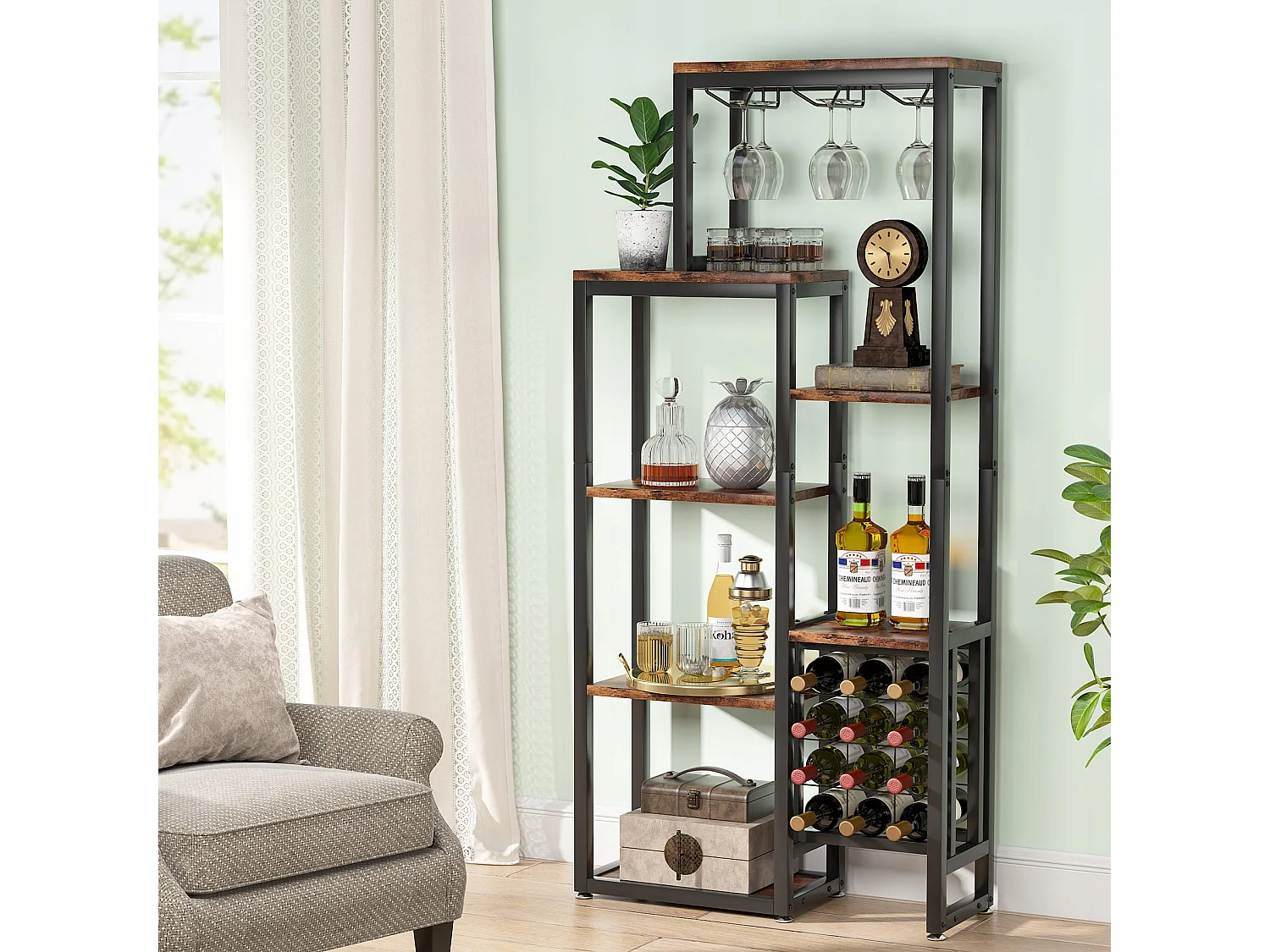 Étagère à vin Autonome à 5 étages avec Support en Verre et Rangement de vin, étagère Industrielle pour Bar, Cuisine, Salle à Manger (Marron)