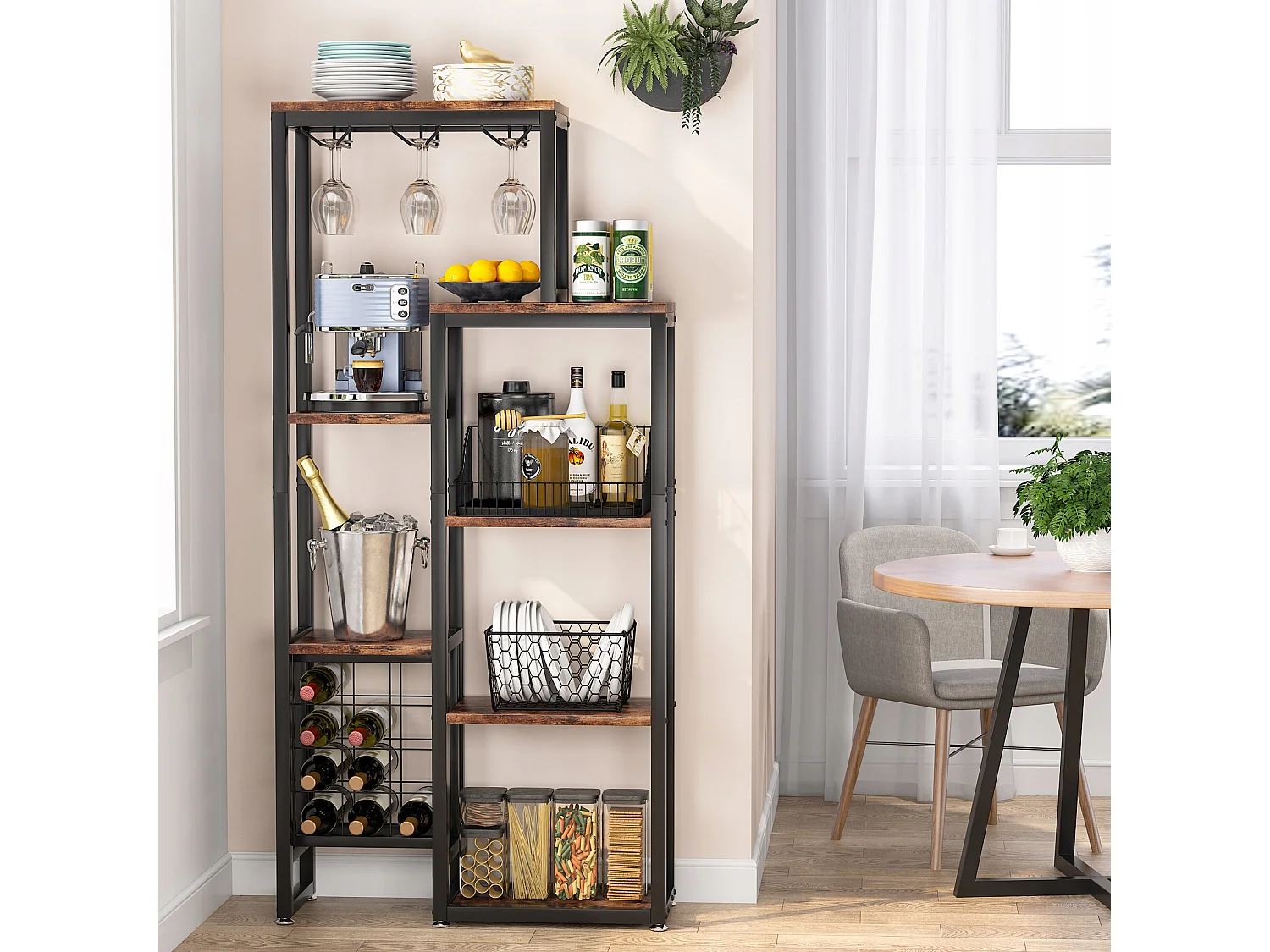 Étagère à vin Autonome à 5 étages avec Support en Verre et Rangement de vin, étagère Industrielle pour Bar, Cuisine, Salle à Manger (Marron)