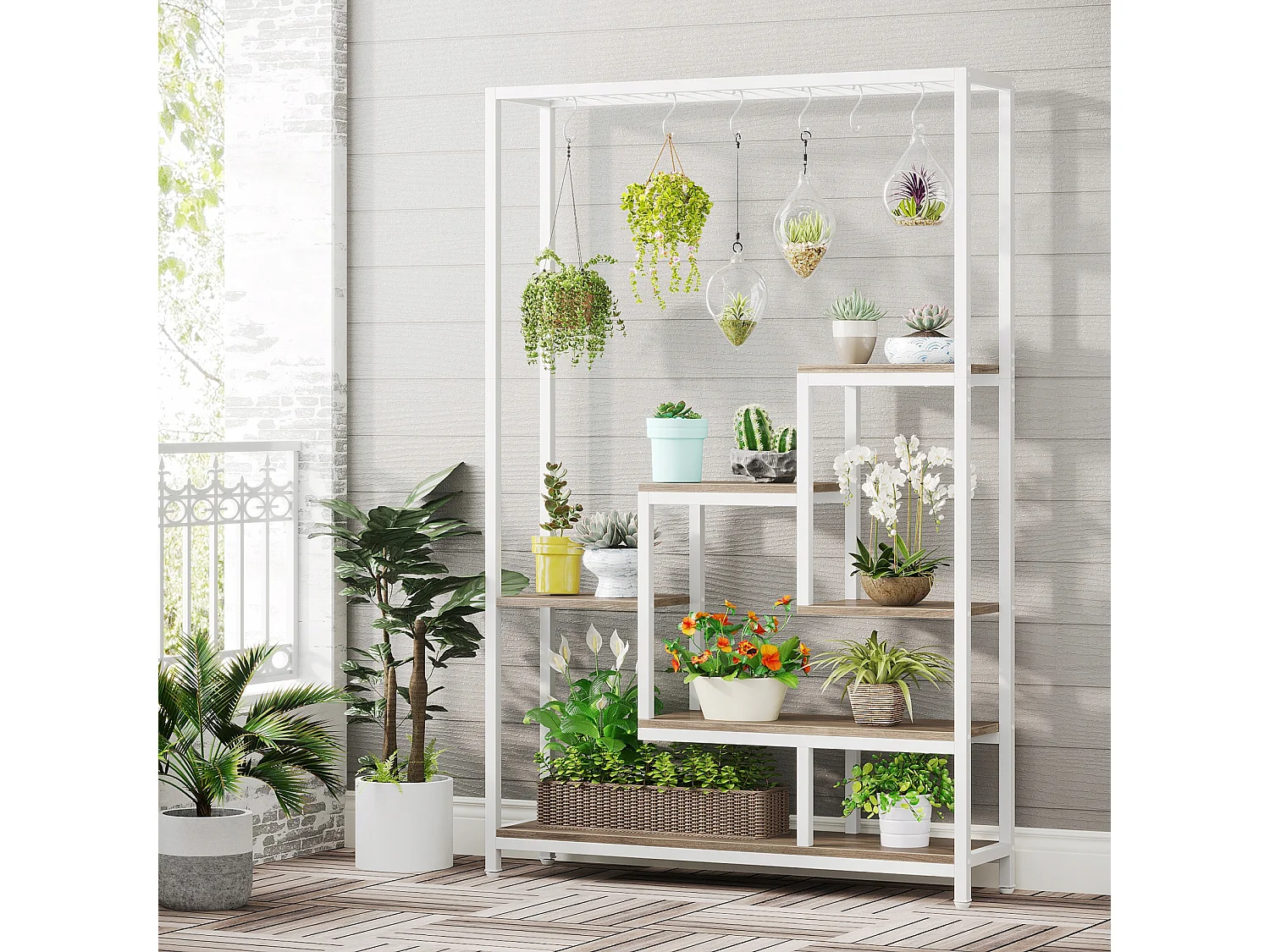 5-laags plantenstandaard voor binnen, 71,8" metalen plantenplank met 10 ophanghaken, multifunctionele bloemenbonsaihouder voor binnen, tuin, balkon (wit)