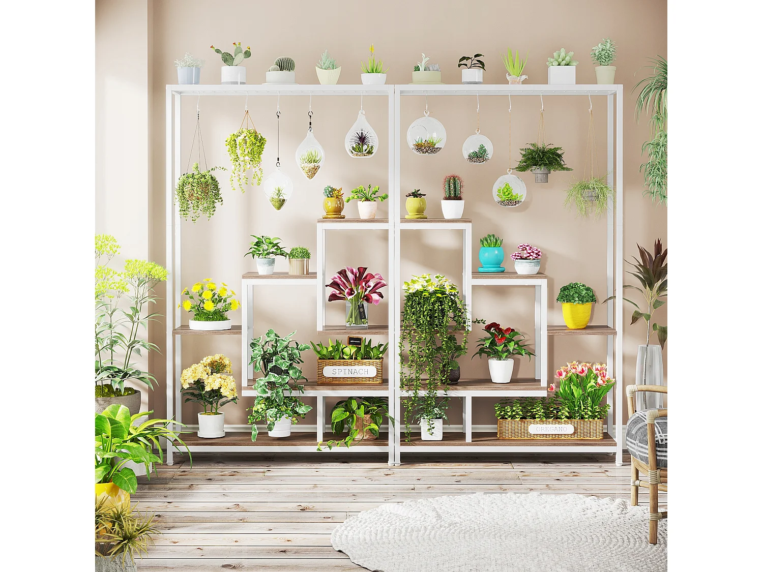 5-laags plantenstandaard voor binnen, 71,8" metalen plantenplank met 10 ophanghaken, multifunctionele bloemenbonsaihouder voor binnen, tuin, balkon (wit)