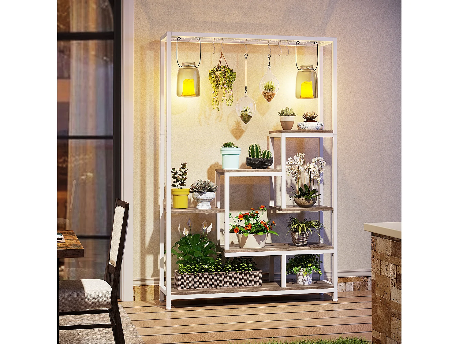 5-laags plantenstandaard voor binnen, 71,8" metalen plantenplank met 10 ophanghaken, multifunctionele bloemenbonsaihouder voor binnen, tuin, balkon (wit)