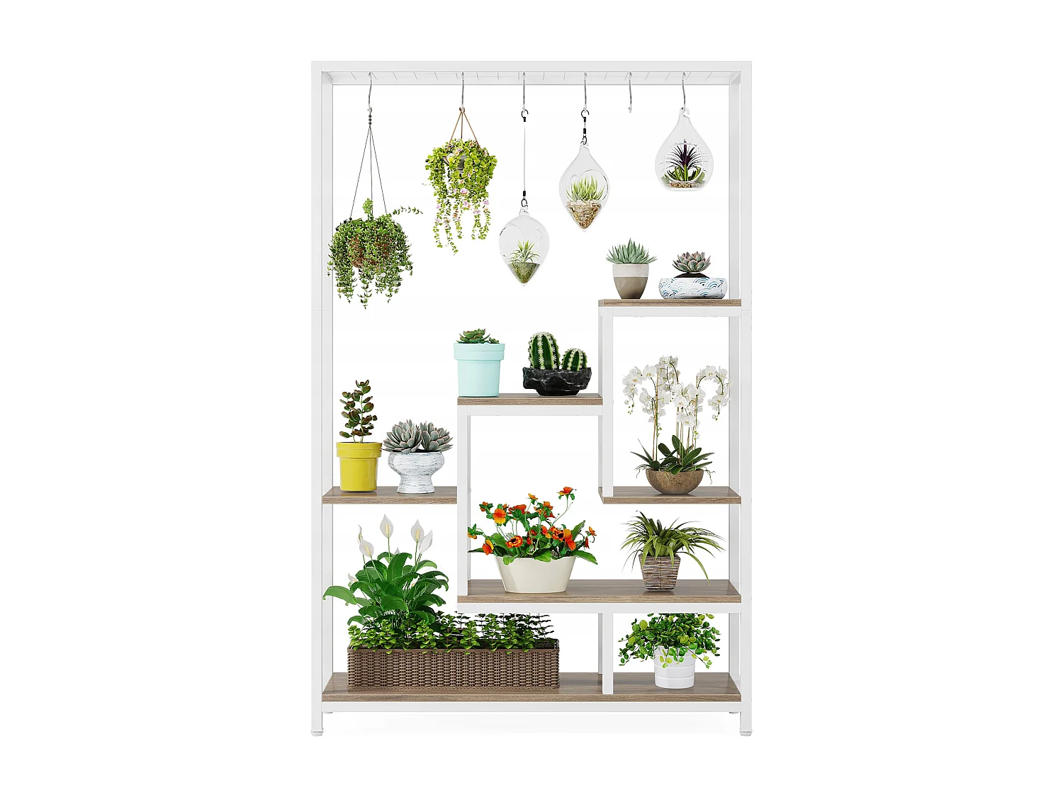 5-laags plantenstandaard voor binnen, 71,8" metalen plantenplank met 10 ophanghaken, multifunctionele bloemenbonsaihouder voor binnen, tuin, balkon (wit)