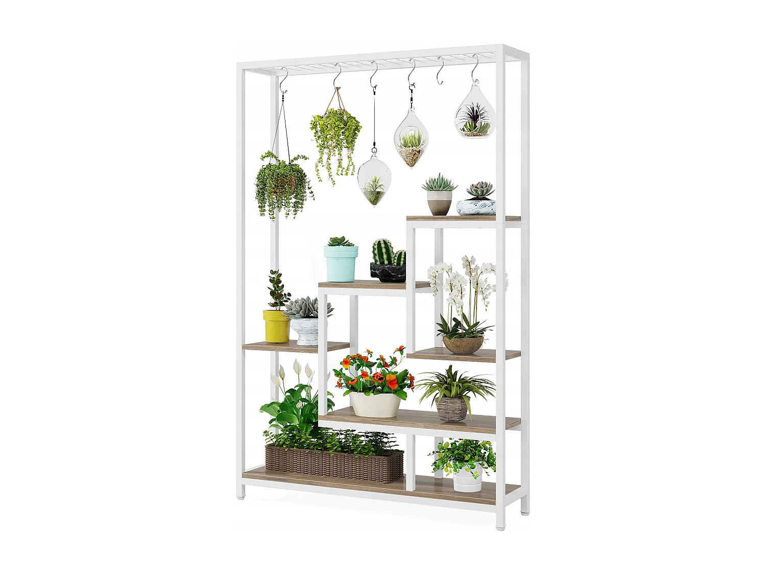 5-laags plantenstandaard voor binnen, 71,8" metalen plantenplank met 10 ophanghaken, multifunctionele bloemenbonsaihouder voor binnen, tuin, balkon (wit)