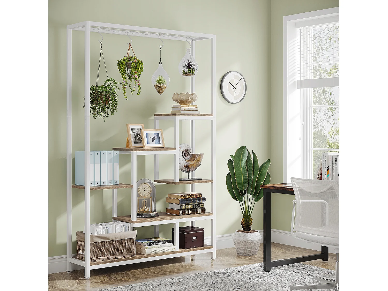 Support pour plantes d'intérieur à 5 niveaux, étagère en métal de 180,1 cm avec 10 crochets de suspension, support multifonction pour bonsaï de fleurs, pour intérieur, jardin, balcon (Blanc)