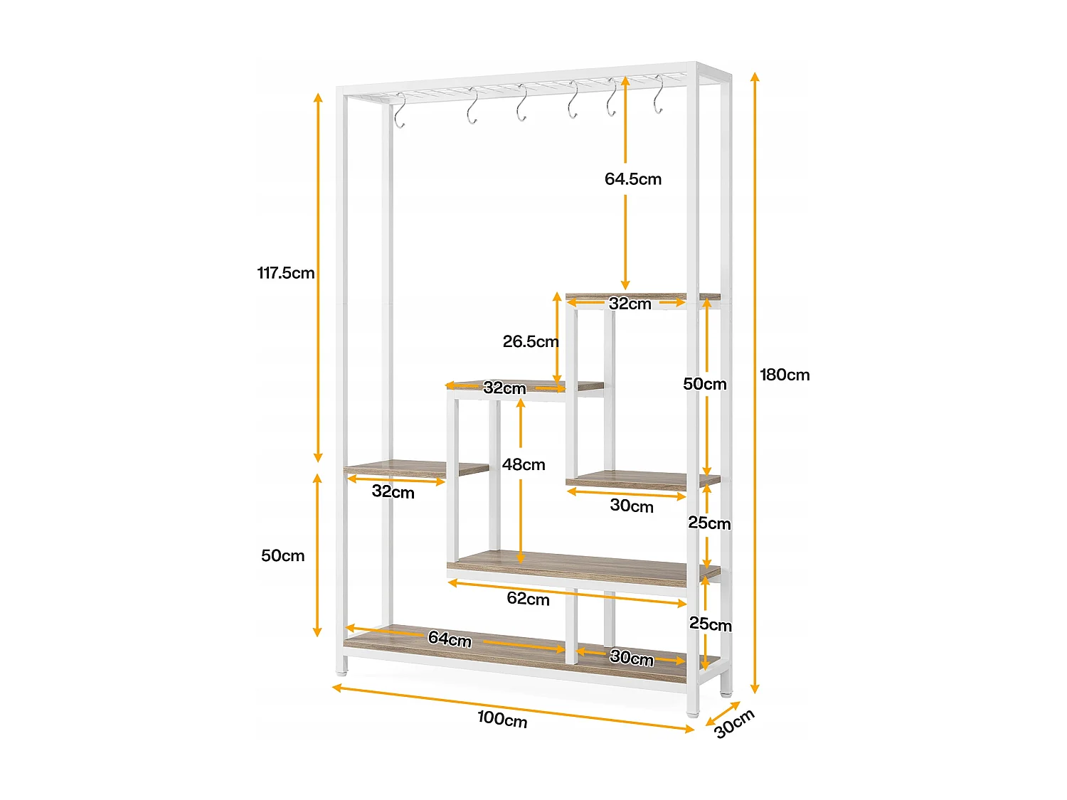 Support pour plantes d'intérieur à 5 niveaux, étagère en métal de 180,1 cm avec 10 crochets de suspension, support multifonction pour bonsaï de fleurs, pour intérieur, jardin, balcon (Blanc)