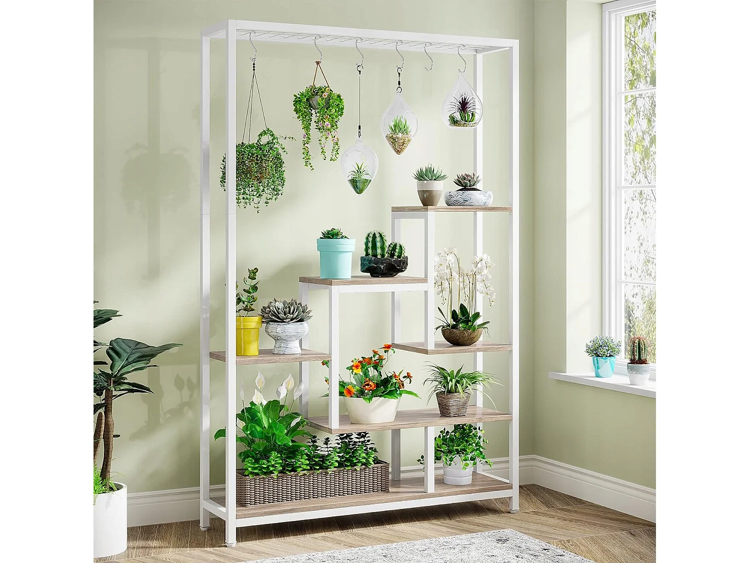 Support pour plantes d'intérieur à 5 niveaux, étagère en métal de 180,1 cm avec 10 crochets de suspension, support multifonction pour bonsaï de fleurs, pour intérieur, jardin, balcon (Blanc)