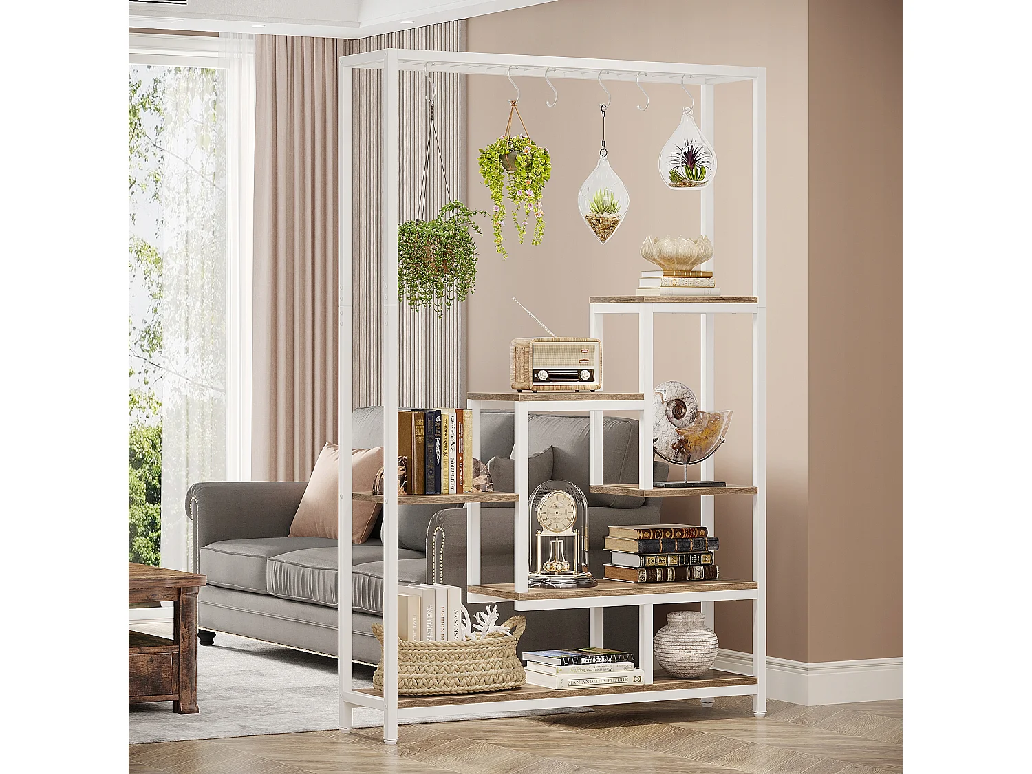 Support pour plantes d'intérieur à 5 niveaux, étagère en métal de 180,1 cm avec 10 crochets de suspension, support multifonction pour bonsaï de fleurs, pour intérieur, jardin, balcon (Blanc)