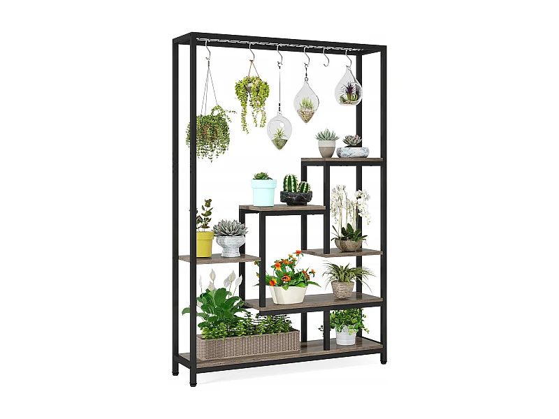 Tribesigns 5-laags plantenstandaard voor binnen - 71,8" metalen plantenplank met 10 S-haken hangende plantenbak voor binnen, tuin, balkon, woonkamer - zwart en grijs