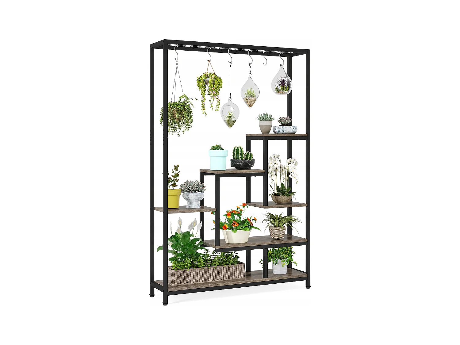 Tribesigns Support pour plantes d'intérieur à 5 niveaux - Étagère en métal de 180,1 cm avec 10 crochets de suspension en S - Pour intérieur, jardin, balcon, salon - Noir et Gris