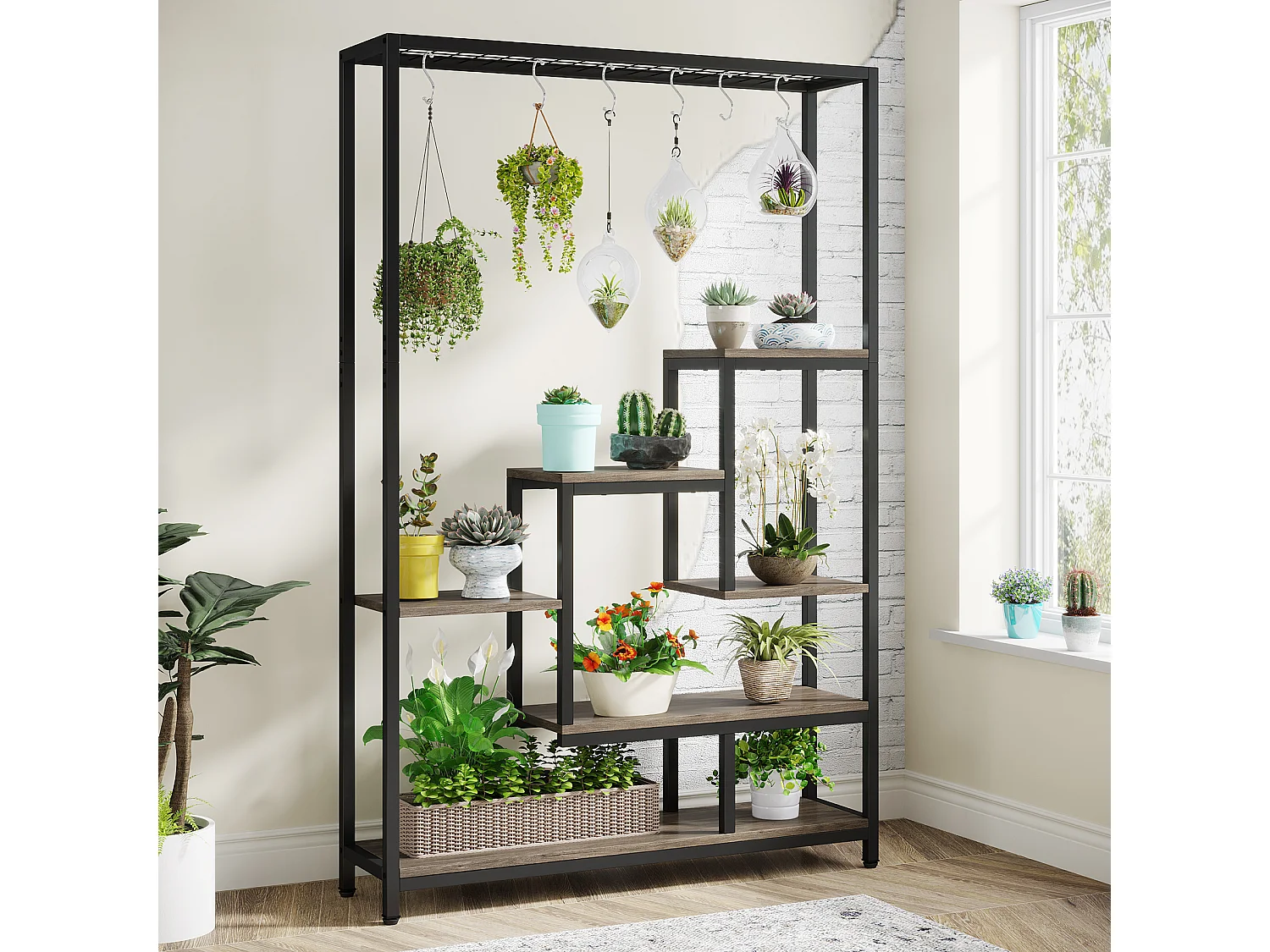 Tribesigns 5-laags plantenstandaard voor binnen - 71,8" metalen plantenplank met 10 S-haken hangende plantenbak voor binnen, tuin, balkon, woonkamer - zwart en grijs
