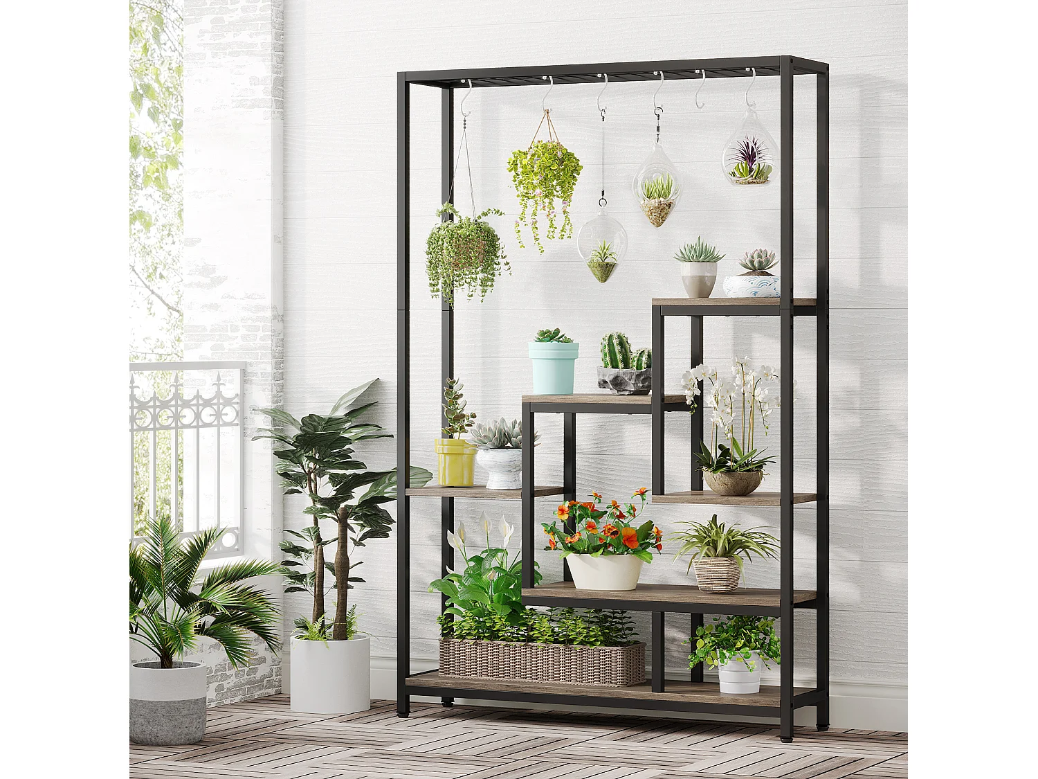 Tribesigns 5-laags plantenstandaard voor binnen - 71,8" metalen plantenplank met 10 S-haken hangende plantenbak voor binnen, tuin, balkon, woonkamer - zwart en grijs