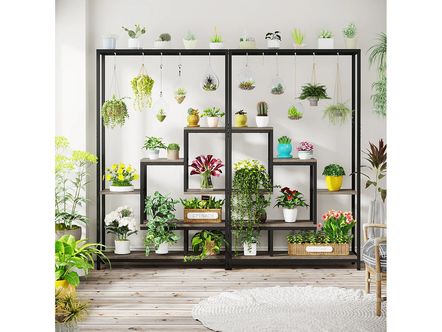 Tribesigns 5-laags plantenstandaard voor binnen - 71,8" metalen plantenplank met 10 S-haken hangende plantenbak voor binnen, tuin, balkon, woonkamer - zwart en grijs