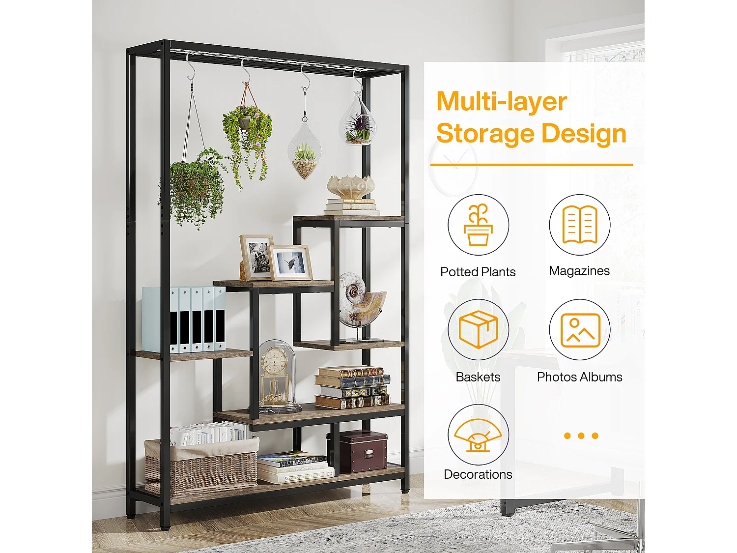 Tribesigns 5-laags plantenstandaard voor binnen - 71,8" metalen plantenplank met 10 S-haken hangende plantenbak voor binnen, tuin, balkon, woonkamer - zwart en grijs