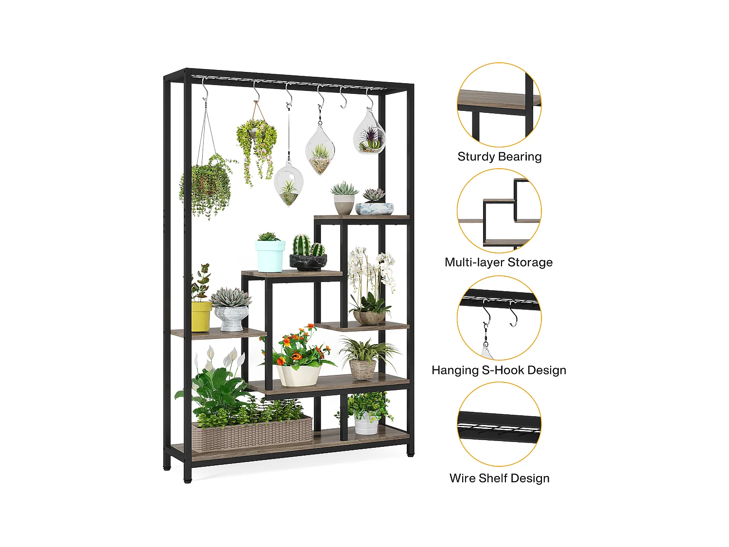 Tribesigns 5-laags plantenstandaard voor binnen - 71,8" metalen plantenplank met 10 S-haken hangende plantenbak voor binnen, tuin, balkon, woonkamer - zwart en grijs