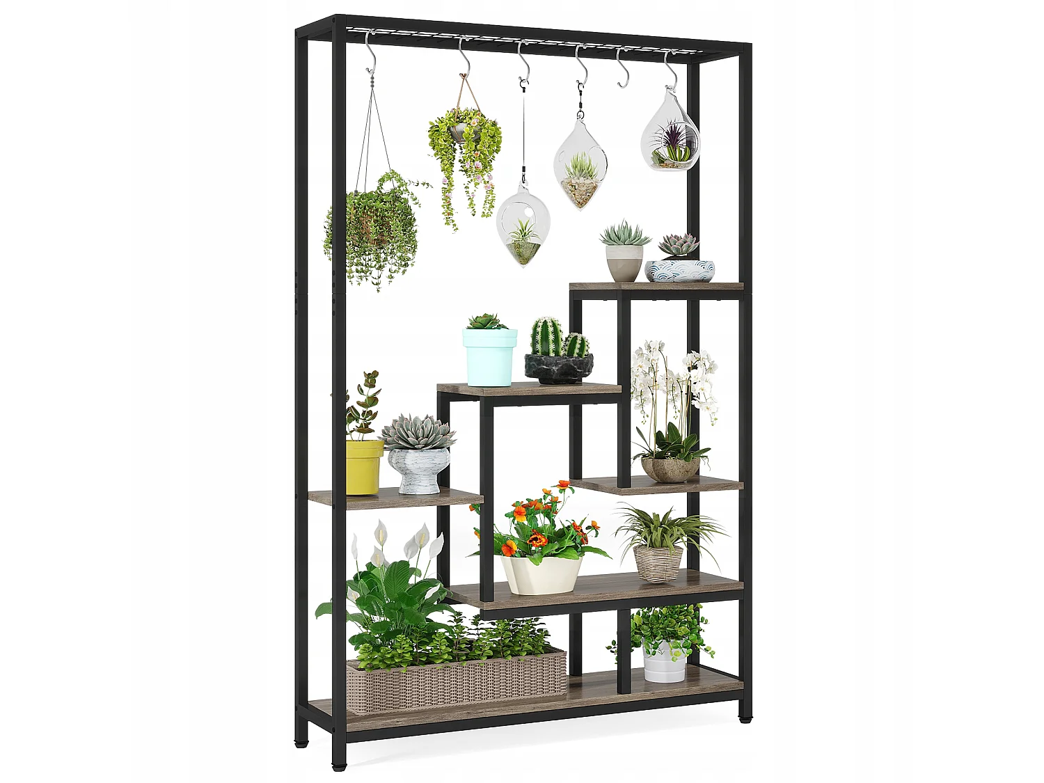 Tribesigns 5-laags plantenstandaard voor binnen - 71,8" metalen plantenplank met 10 S-haken hangende plantenbak voor binnen, tuin, balkon, woonkamer - zwart en grijs