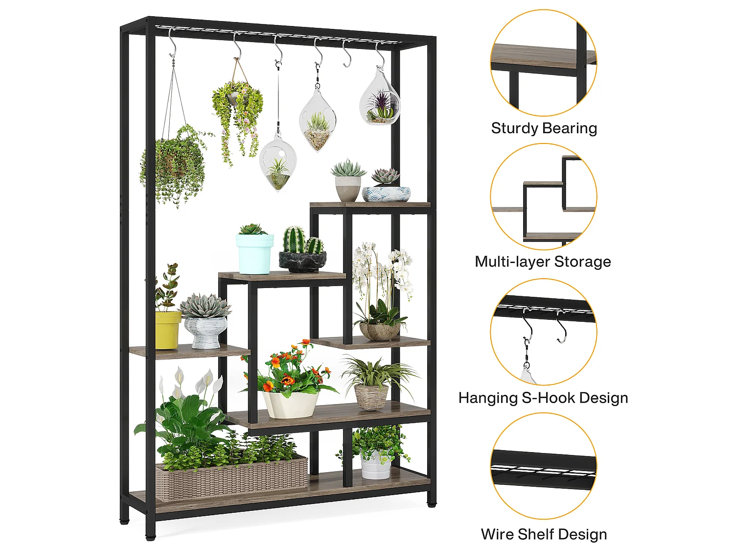 Tribesigns 5-laags plantenstandaard voor binnen - 71,8" metalen plantenplank met 10 S-haken hangende plantenbak voor binnen, tuin, balkon, woonkamer - zwart en grijs