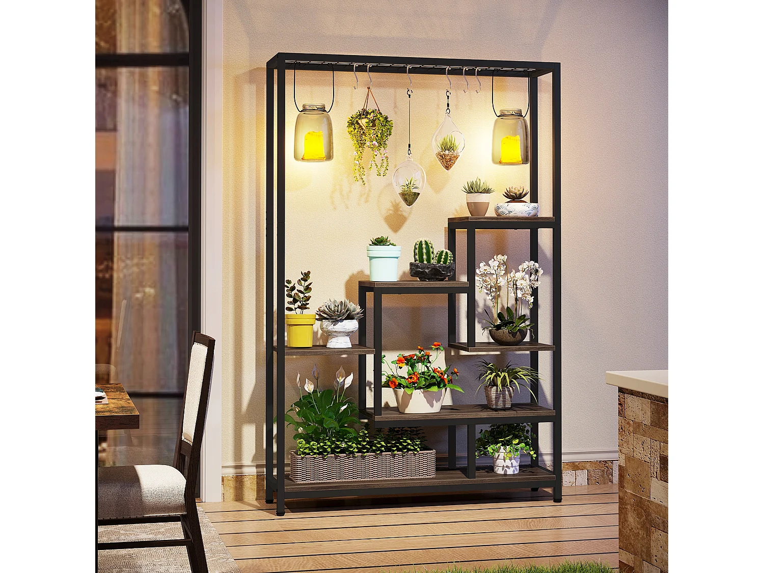 Tribesigns 5-laags plantenstandaard voor binnen - 71,8" metalen plantenplank met 10 S-haken hangende plantenbak voor binnen, tuin, balkon, woonkamer - zwart en grijs