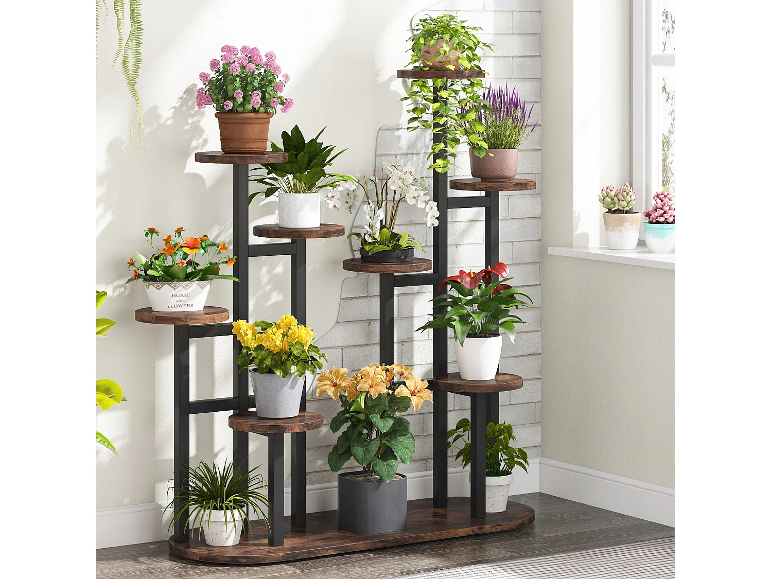 Multi-Tier Indoor Plantenstandaard voor 11 Bloempotten, Opbergrek voor Tuin, Balkon, Woonkamer, Rustiek Bruin