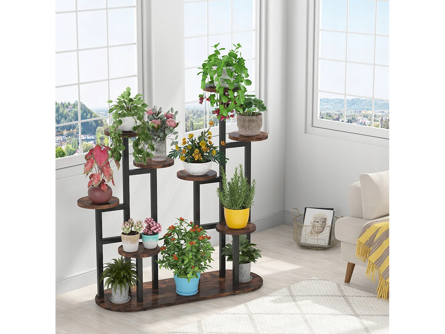 Multi-Tier Indoor Plantenstandaard voor 11 Bloempotten, Opbergrek voor Tuin, Balkon, Woonkamer, Rustiek Bruin